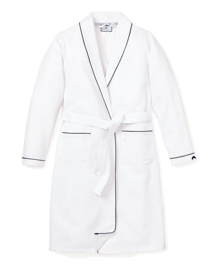 Men Petite Plume | Men'S Flannel Robe In White With Navy Piping