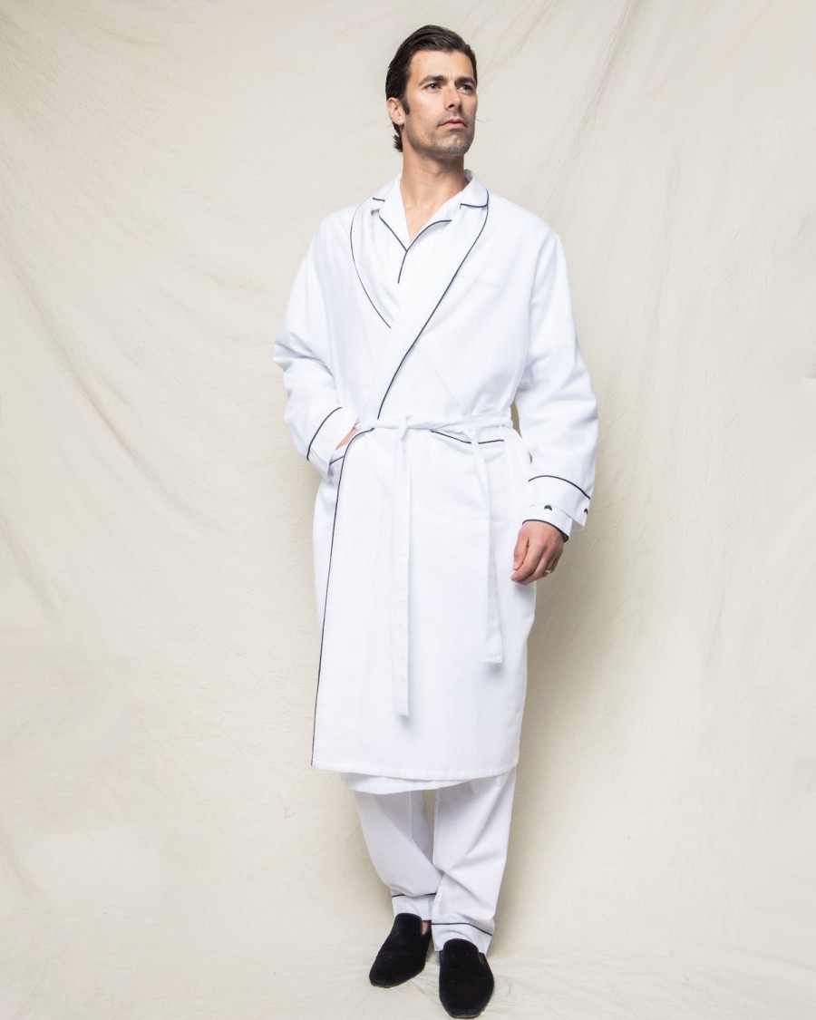 Men Petite Plume | Men'S Flannel Robe In White With Navy Piping