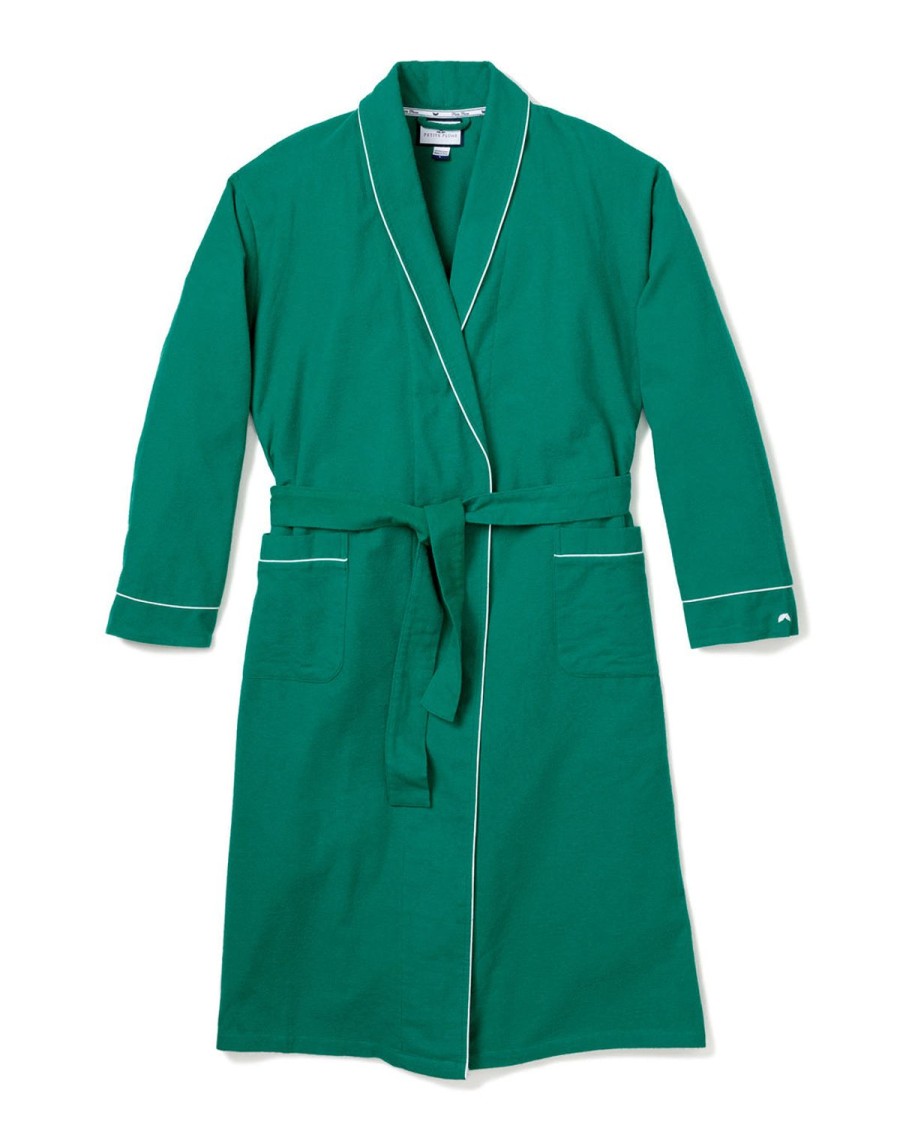 Men Petite Plume | Men'S Flannel Robe In Forest Green With White Piping