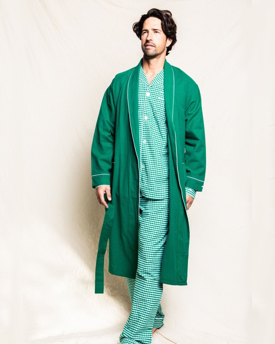 Men Petite Plume | Men'S Flannel Robe In Forest Green With White Piping