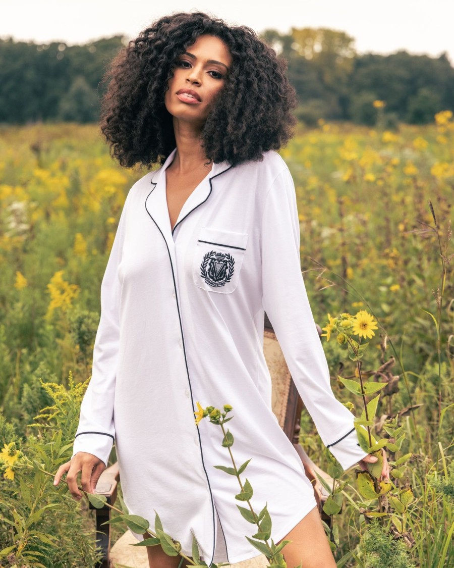 Women Petite Plume | Veronica Beard X Petite Plume Women'S Pima Nightshirt With Embroidery In White