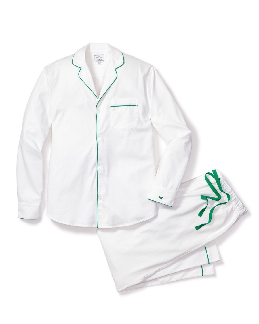 Men Petite Plume | Men'S Twill Pajama Set In White With Green Piping