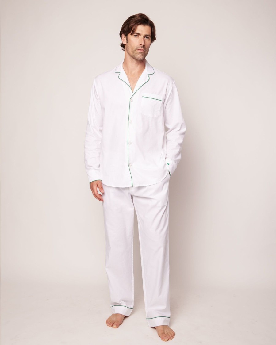 Men Petite Plume | Men'S Twill Pajama Set In White With Green Piping