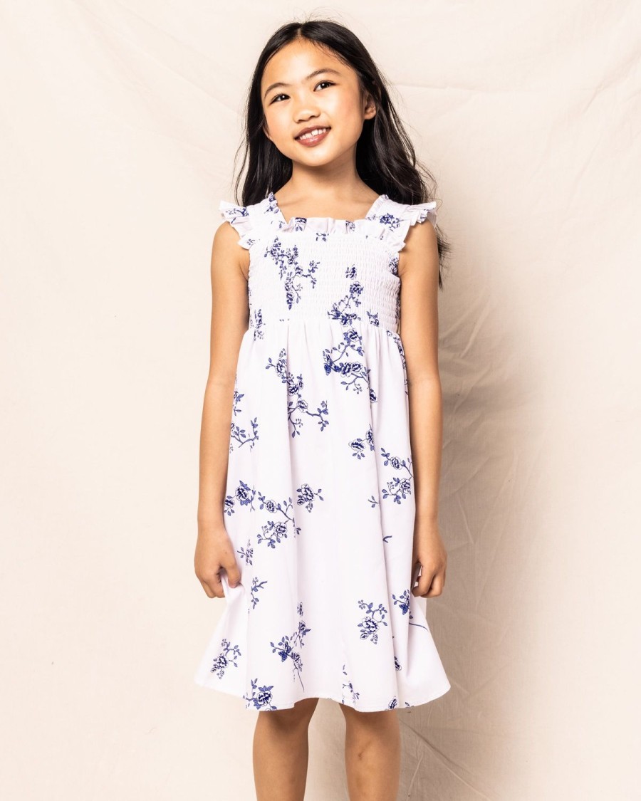 Kids Petite Plume Daywear | Girl'S Twill Margaux Dress In Indigo Floral