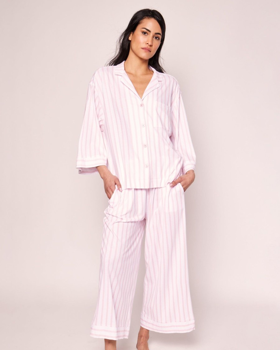 Women Petite Plume | Women'S Pima Wide Leg Pajama Set In Pink Stripe