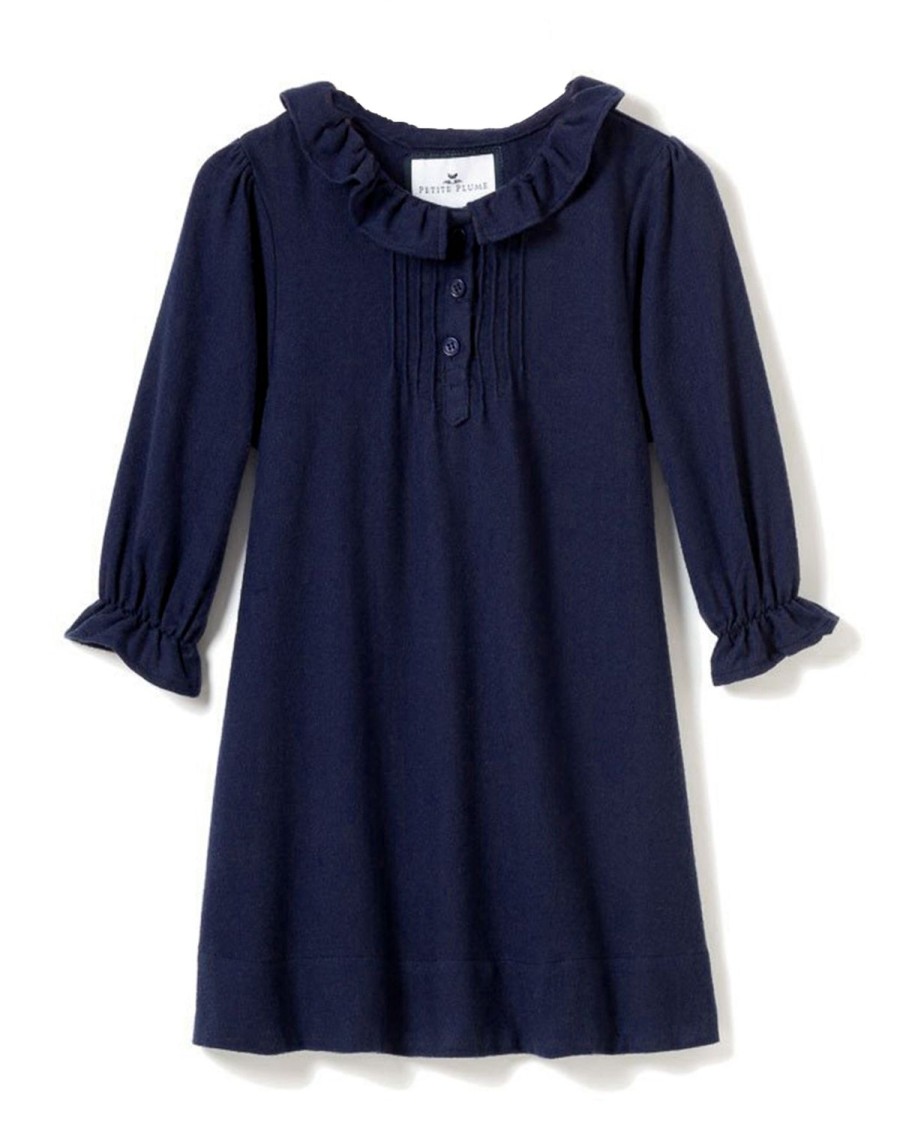 Kids Petite Plume Nightgowns | Girl'S Flannel Victoria Nightgown In Navy