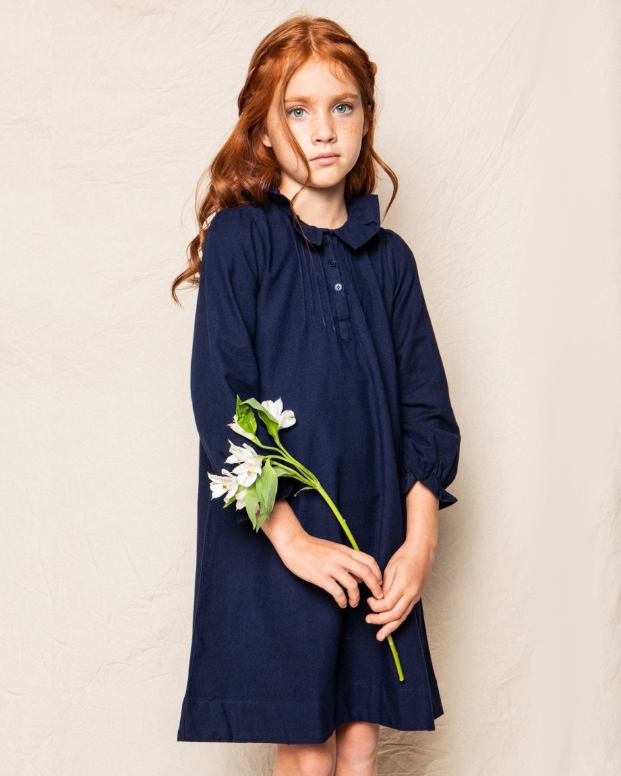 Kids Petite Plume Nightgowns | Girl'S Flannel Victoria Nightgown In Navy