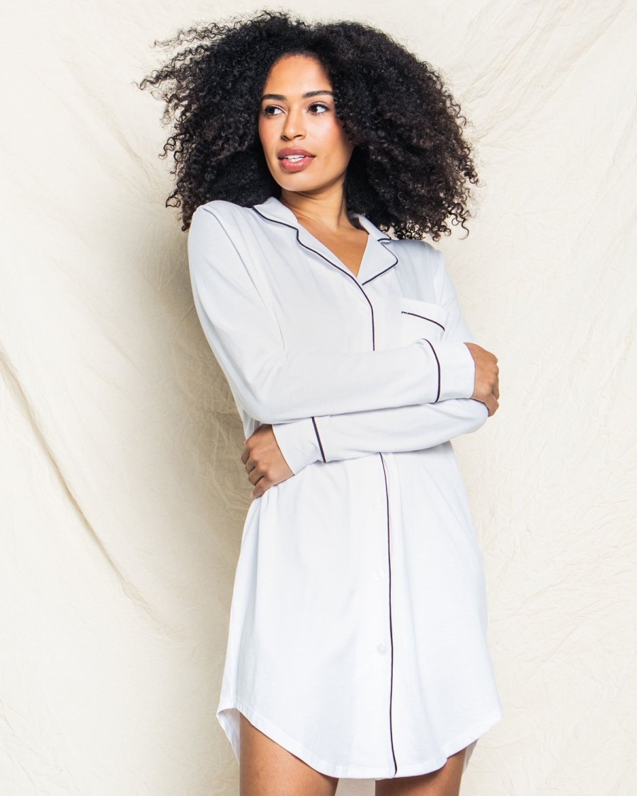 Women Petite Plume | Women'S Pima Nightshirt In White With Black Piping