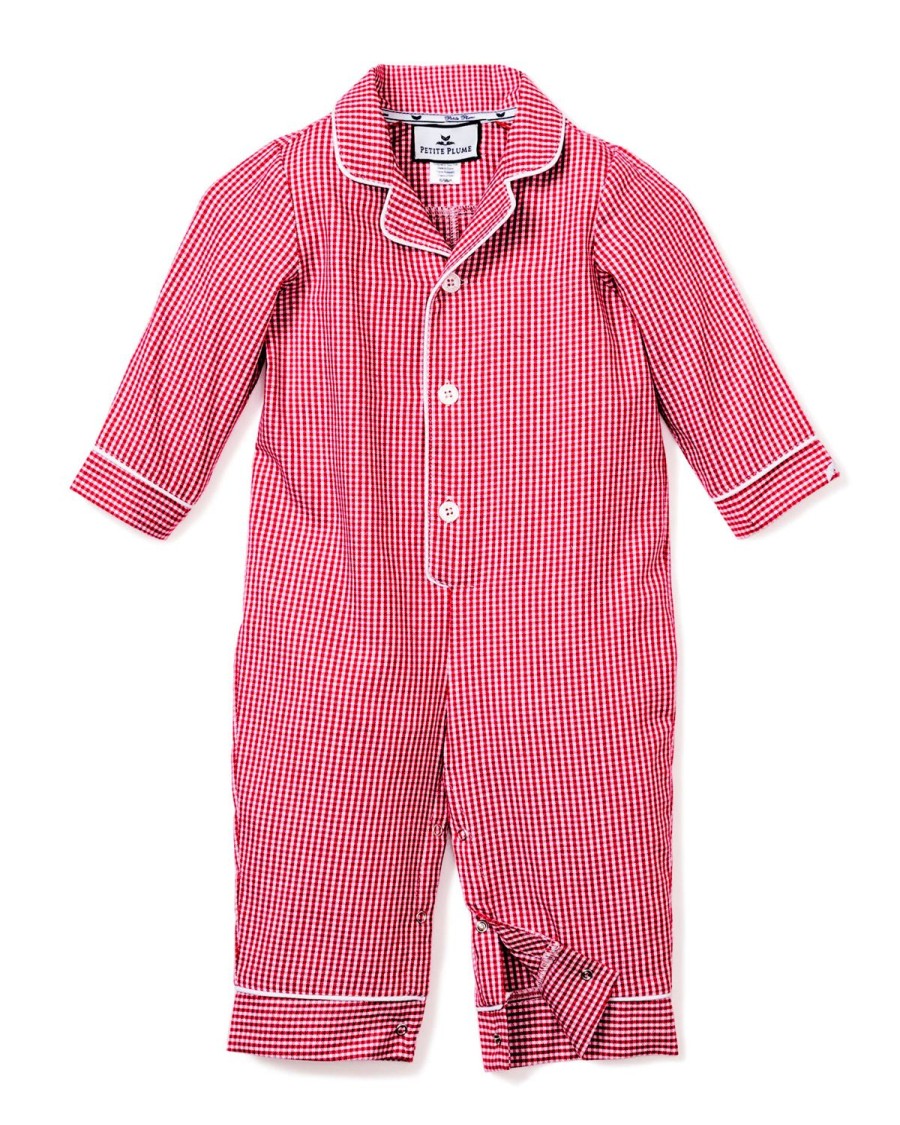 Kids Petite Plume Rompers | Baby'S Flannel Romper In Red Mini Gingham