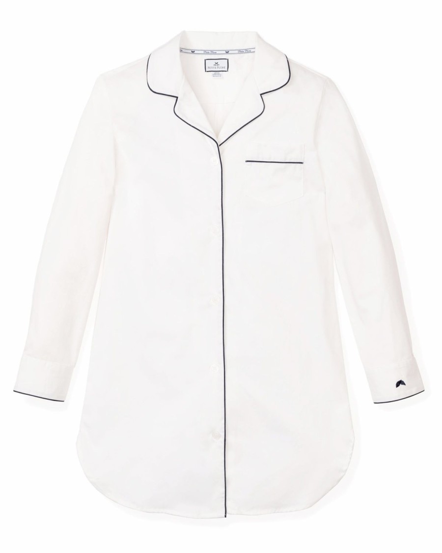 Women Petite Plume | Women'S Twill Nightshirt In White With Navy Piping