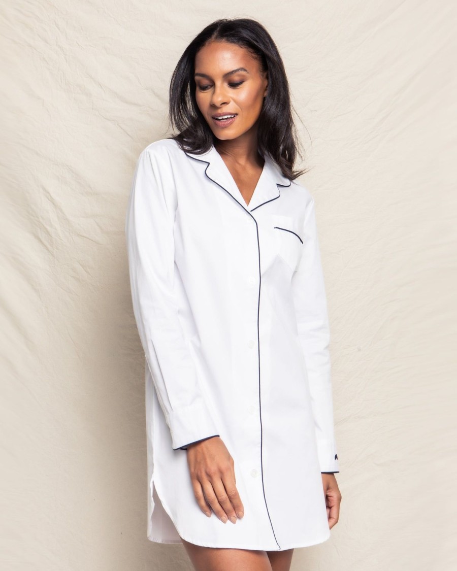 Women Petite Plume | Women'S Twill Nightshirt In White With Navy Piping