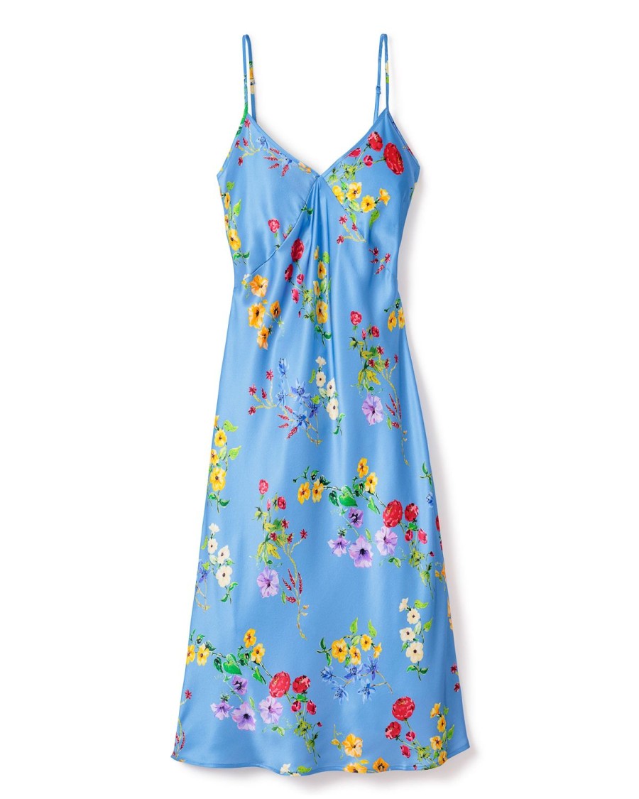 Women Petite Plume | Women'S Silk Cosette Nightgown In Azure Brilliant Botanical