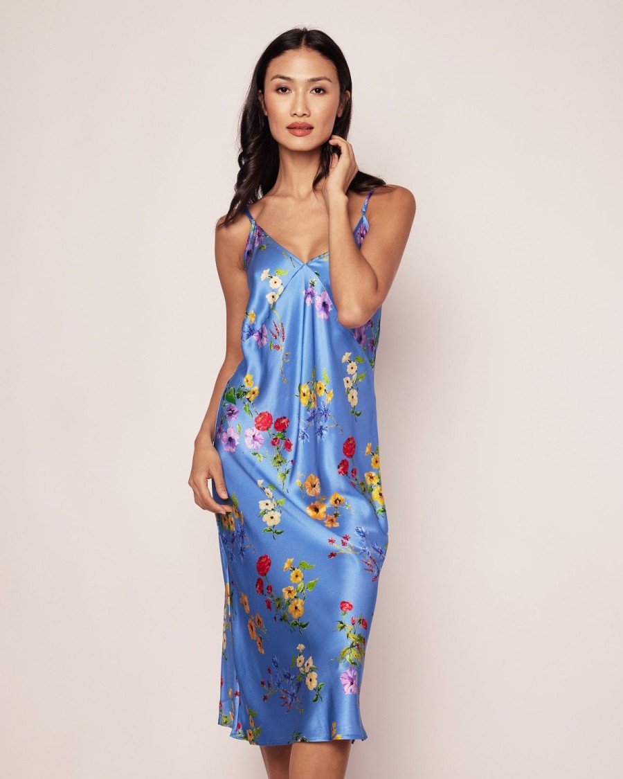 Women Petite Plume | Women'S Silk Cosette Nightgown In Azure Brilliant Botanical