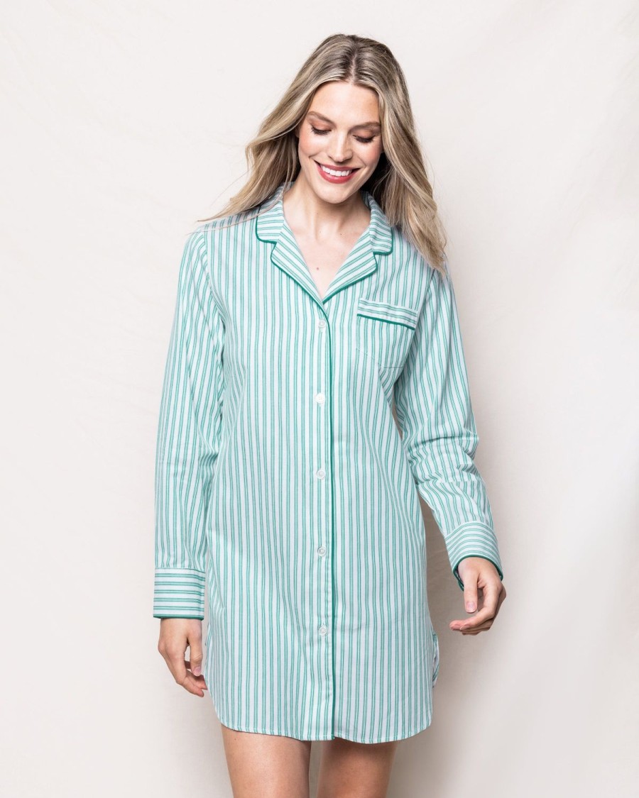 Women Petite Plume | Women'S Twill Nightshirt In Emerald Ticking