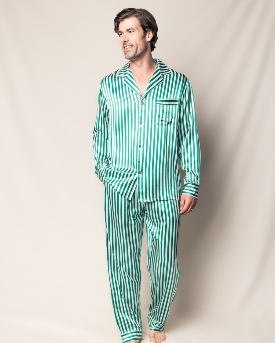 Men Petite Plume | Men'S Silk Pajama Set In Green Stripe