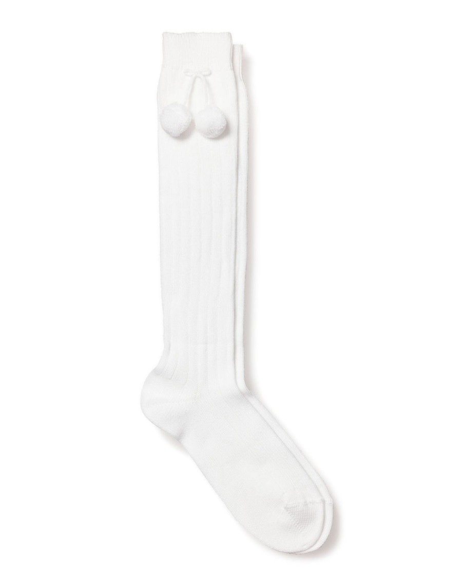 Kids Petite Plume Slippers & Accessories | Kid'S White Pom Pom Ribbed Knee-High Socks