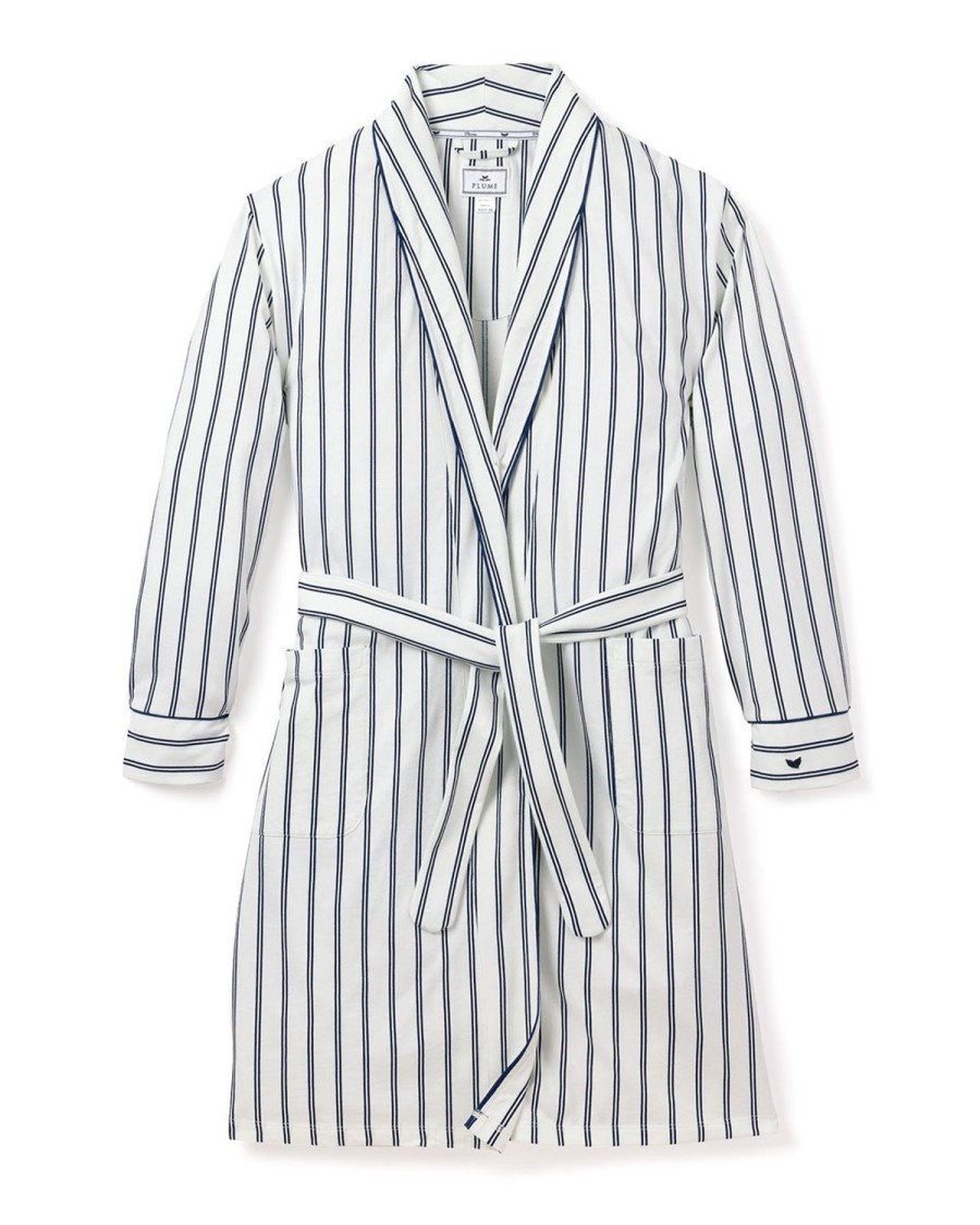 Women Petite Plume | Women'S Navy Stripe Luxe Pima Cotton Robe