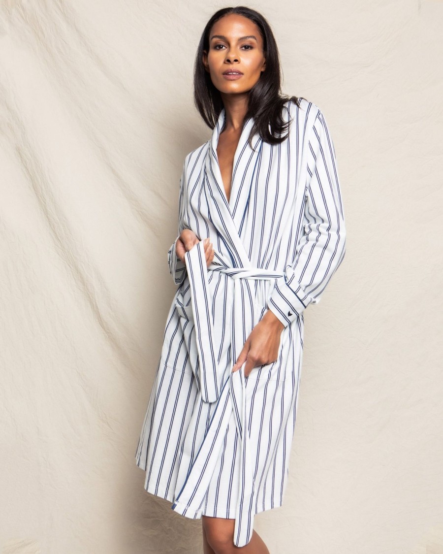 Women Petite Plume | Women'S Navy Stripe Luxe Pima Cotton Robe