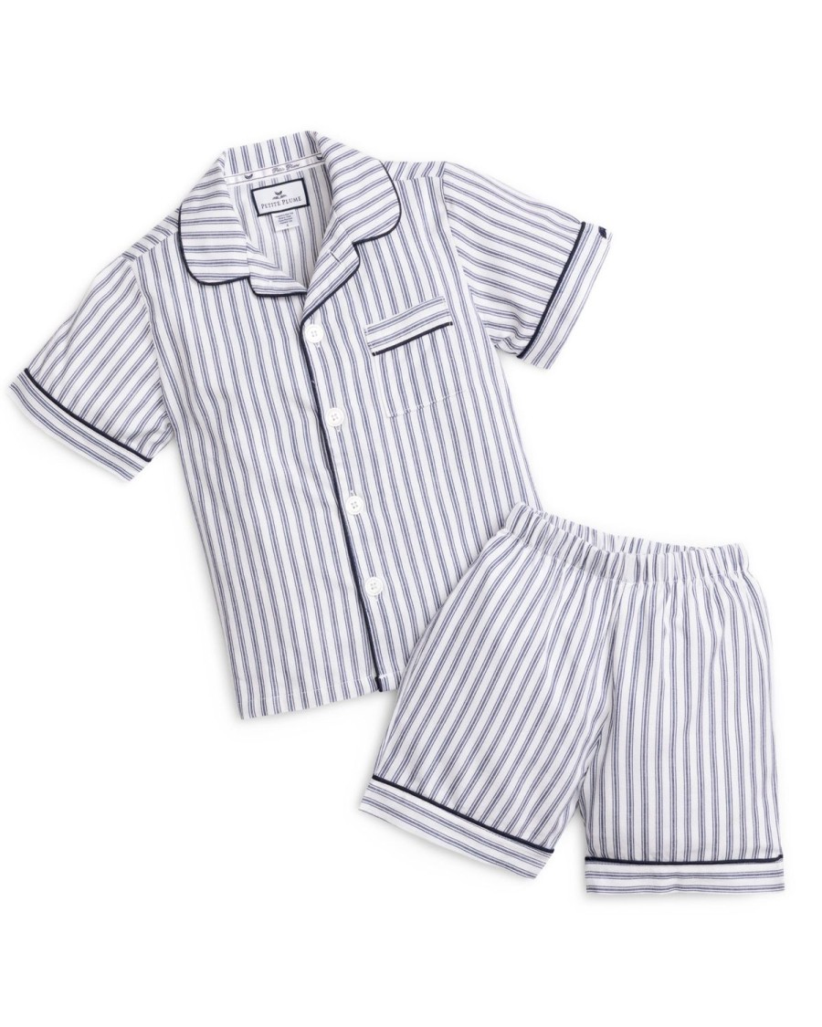 Kids Petite Plume Pajamas | Kid'S Twill Pajama Short Set In Navy French Ticking