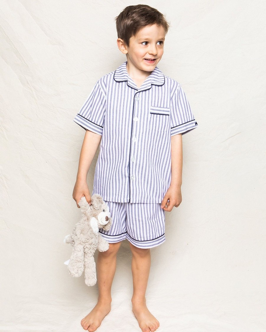 Kids Petite Plume Pajamas | Kid'S Twill Pajama Short Set In Navy French Ticking