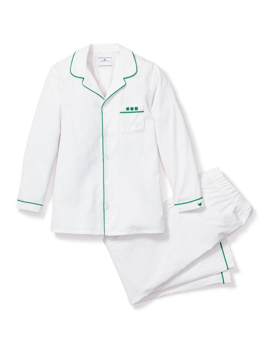 Kids Petite Plume Pajamas | Kid'S Twill Pajama Set With Embroidered Shamrocks