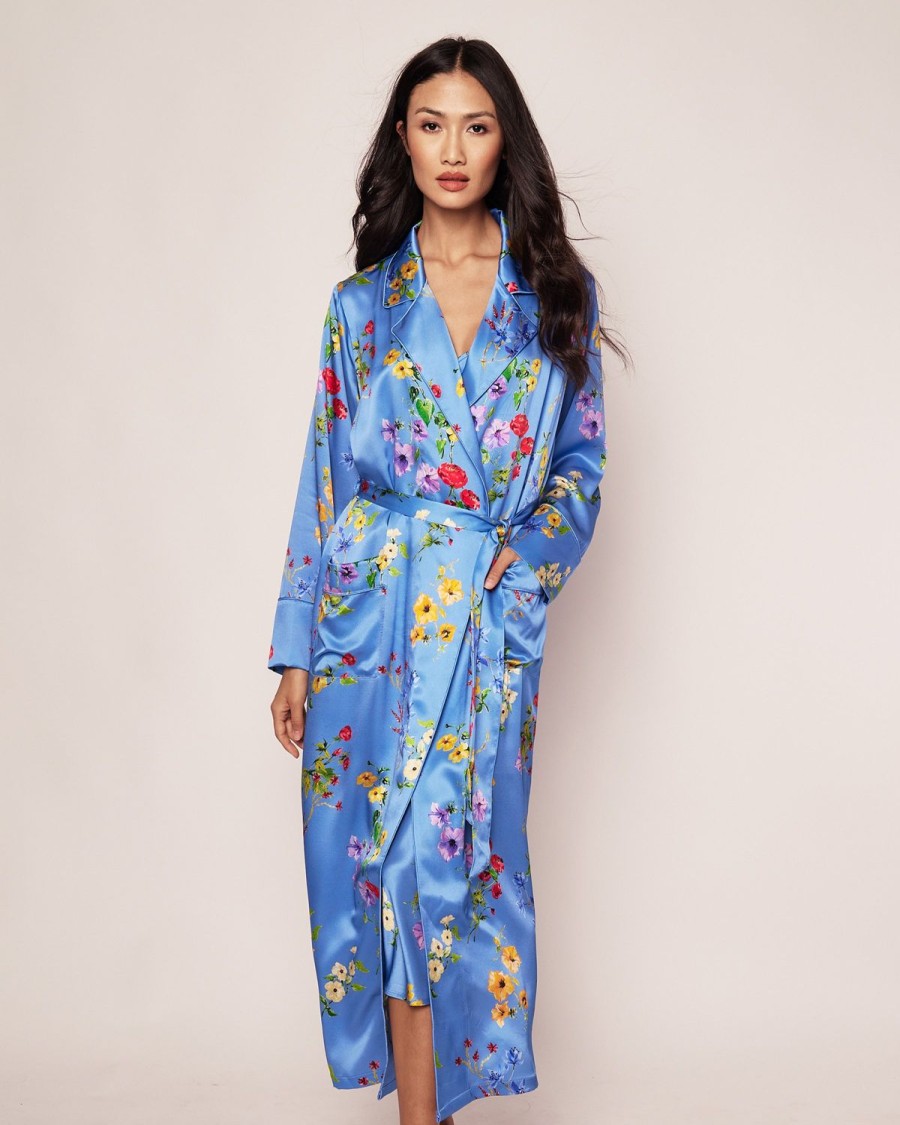 Women Petite Plume | Women'S Silk Robe In Azure Brilliant Botanical