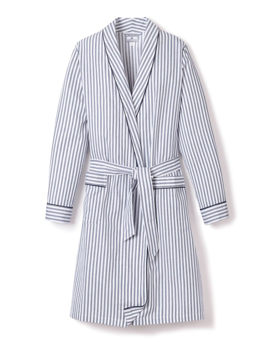 Women Petite Plume | Women'S Twill Robe In Navy French Ticking