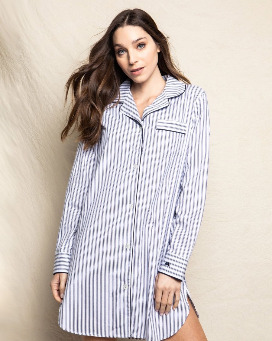 Women Petite Plume | Women'S Twill Nightshirt In Navy French Ticking