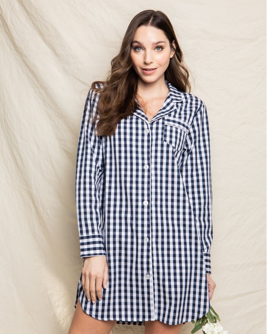 Women Petite Plume | Women'S Twill Nightshirt In Navy Gingham