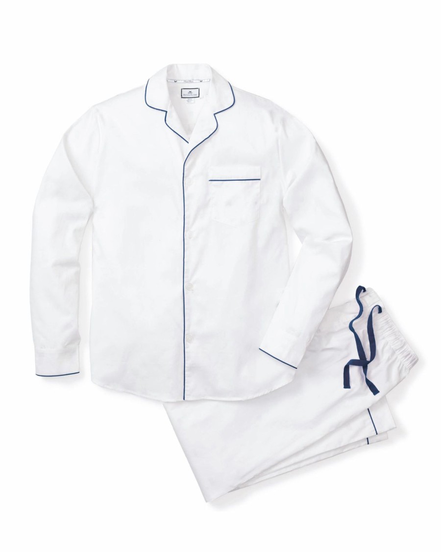 Men Petite Plume | Men'S Twill Pajama Set In White With Navy Piping