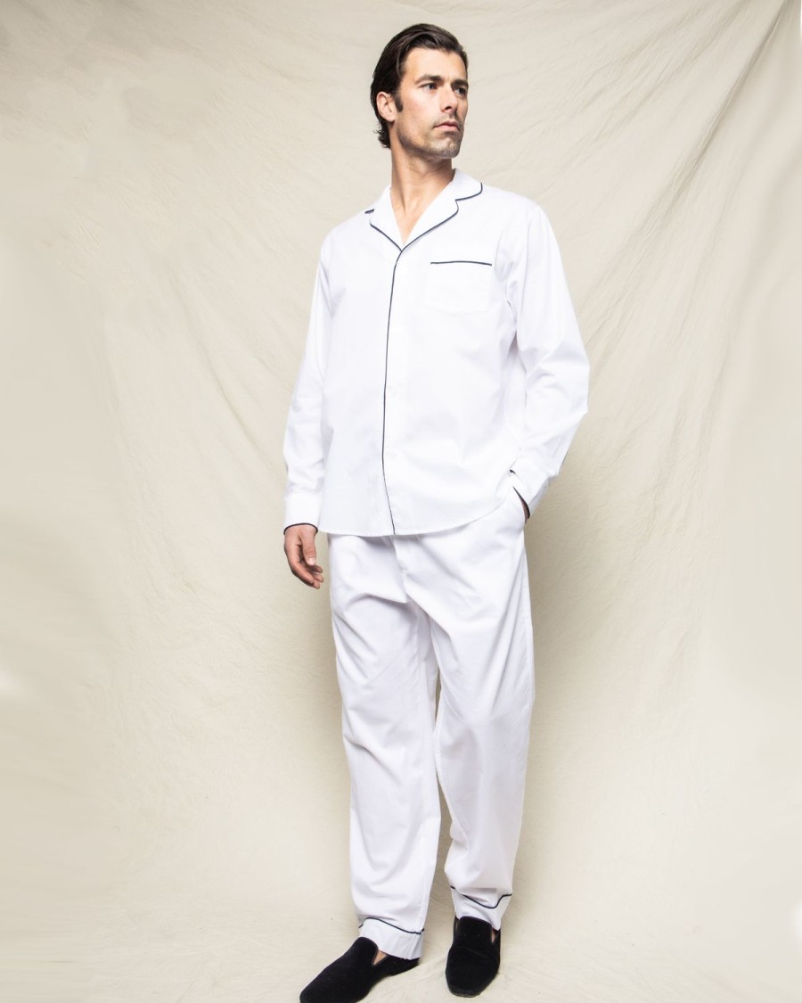 Men Petite Plume | Men'S Twill Pajama Set In White With Navy Piping