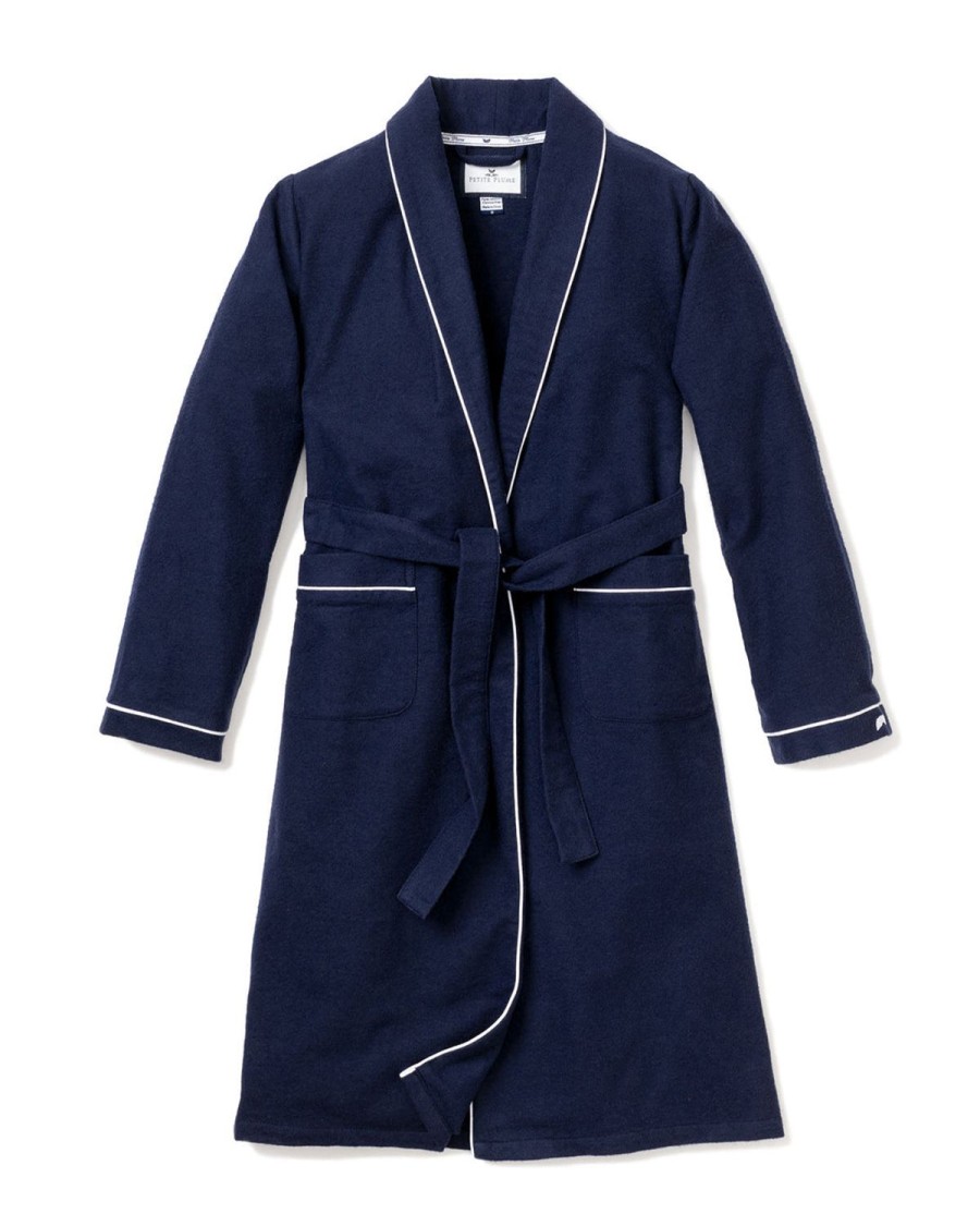 Women Petite Plume | Women'S Flannel Robe In Navy With White Piping