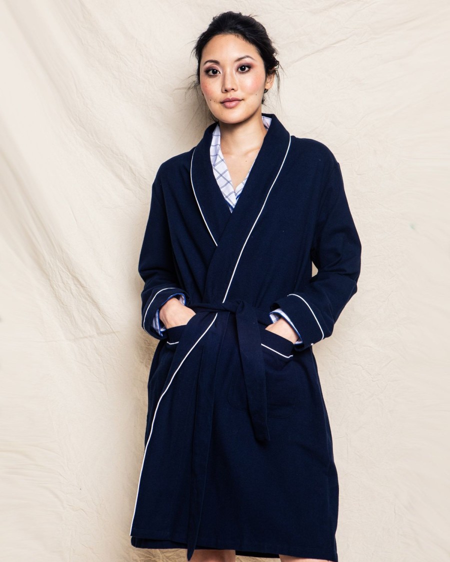 Women Petite Plume | Women'S Flannel Robe In Navy With White Piping