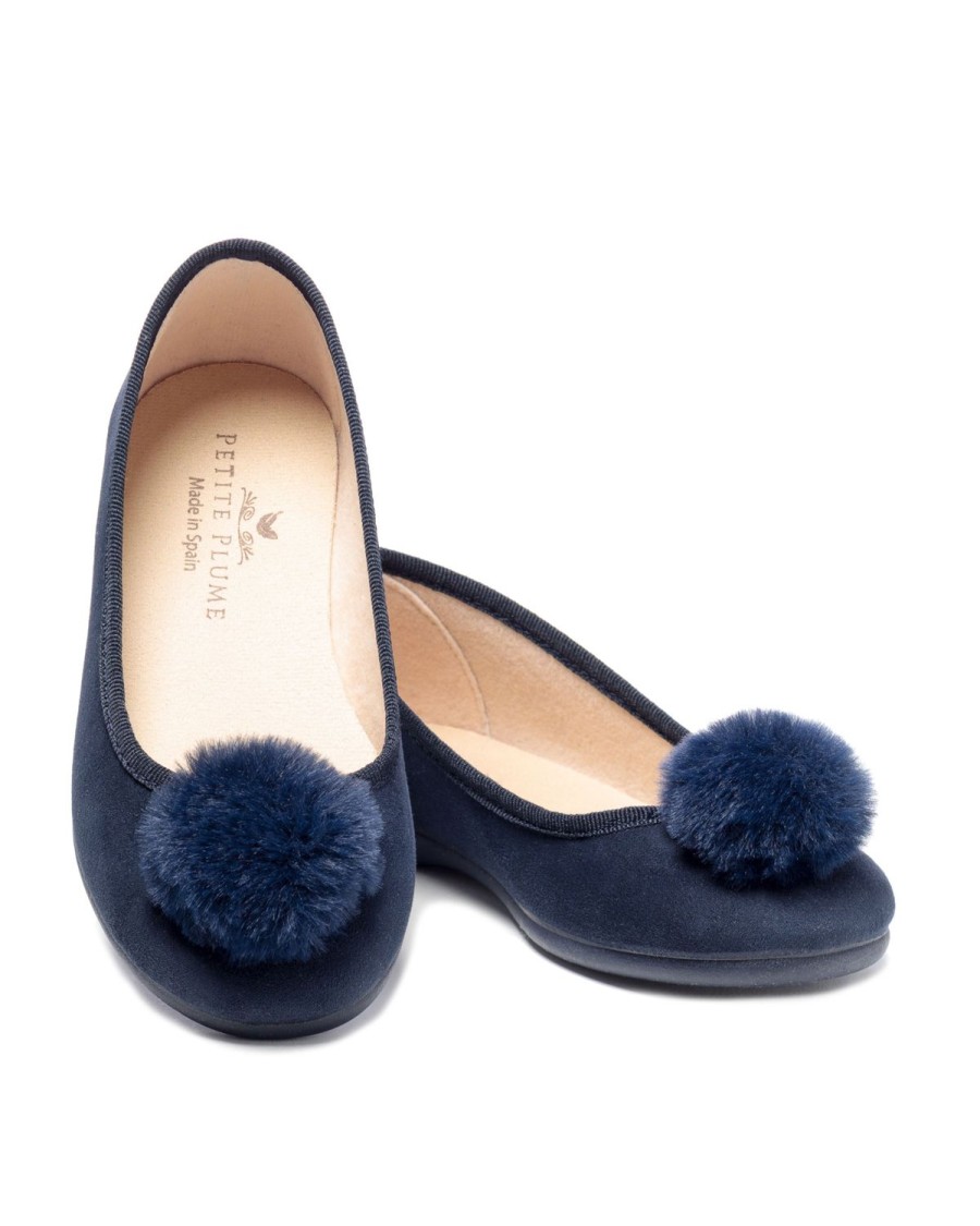 Kids Petite Plume Slippers & Accessories | Kid'S Juliette Slipper In Navy Suede With A Festive Pom