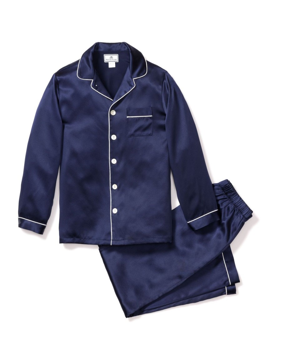 Kids Petite Plume Pajamas | Kid'S Silk Pajama Set In Navy