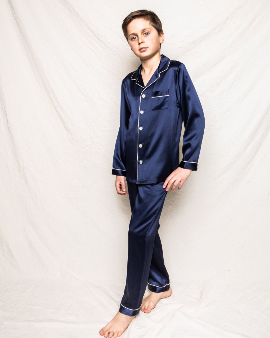 Kids Petite Plume Pajamas | Kid'S Silk Pajama Set In Navy