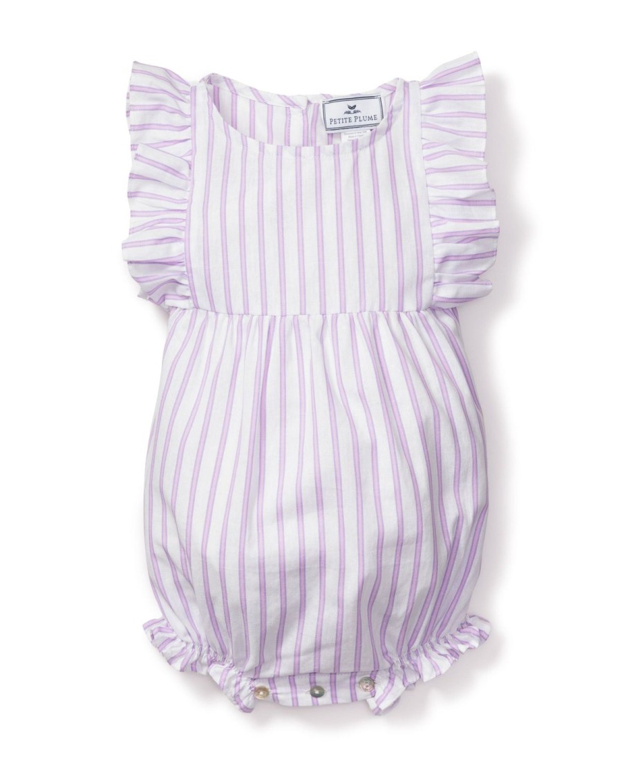 Kids Petite Plume Rompers | Baby'S Twill Ruffled Romper In Lavender French Ticking