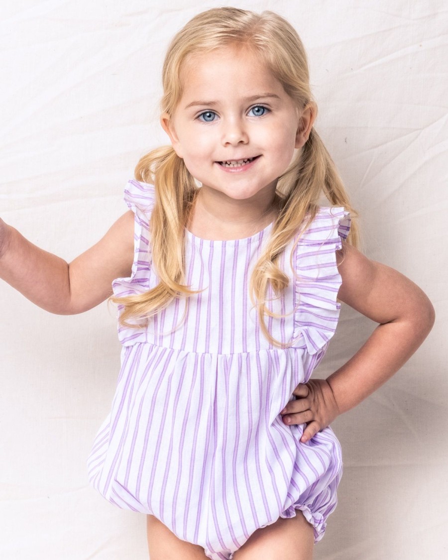 Kids Petite Plume Rompers | Baby'S Twill Ruffled Romper In Lavender French Ticking