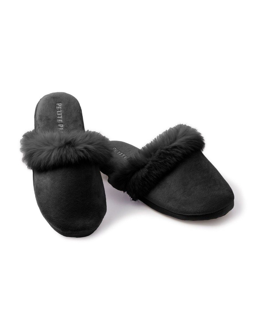 Women Petite Plume | Women'S Faux Fur Trim Slipper In Black