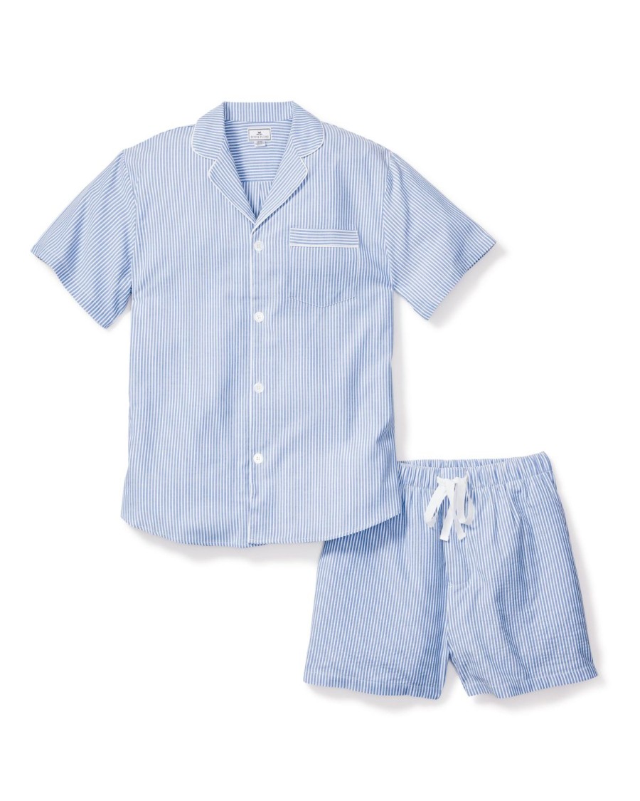 Men Petite Plume | Men'S Twill Pajama Short Set In French Blue Seersucker