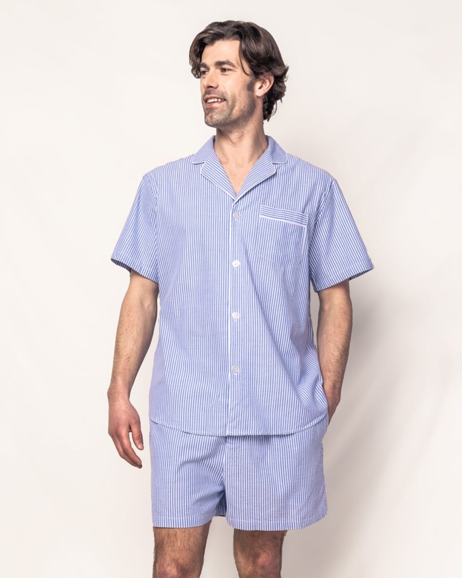 Men Petite Plume | Men'S Twill Pajama Short Set In French Blue Seersucker