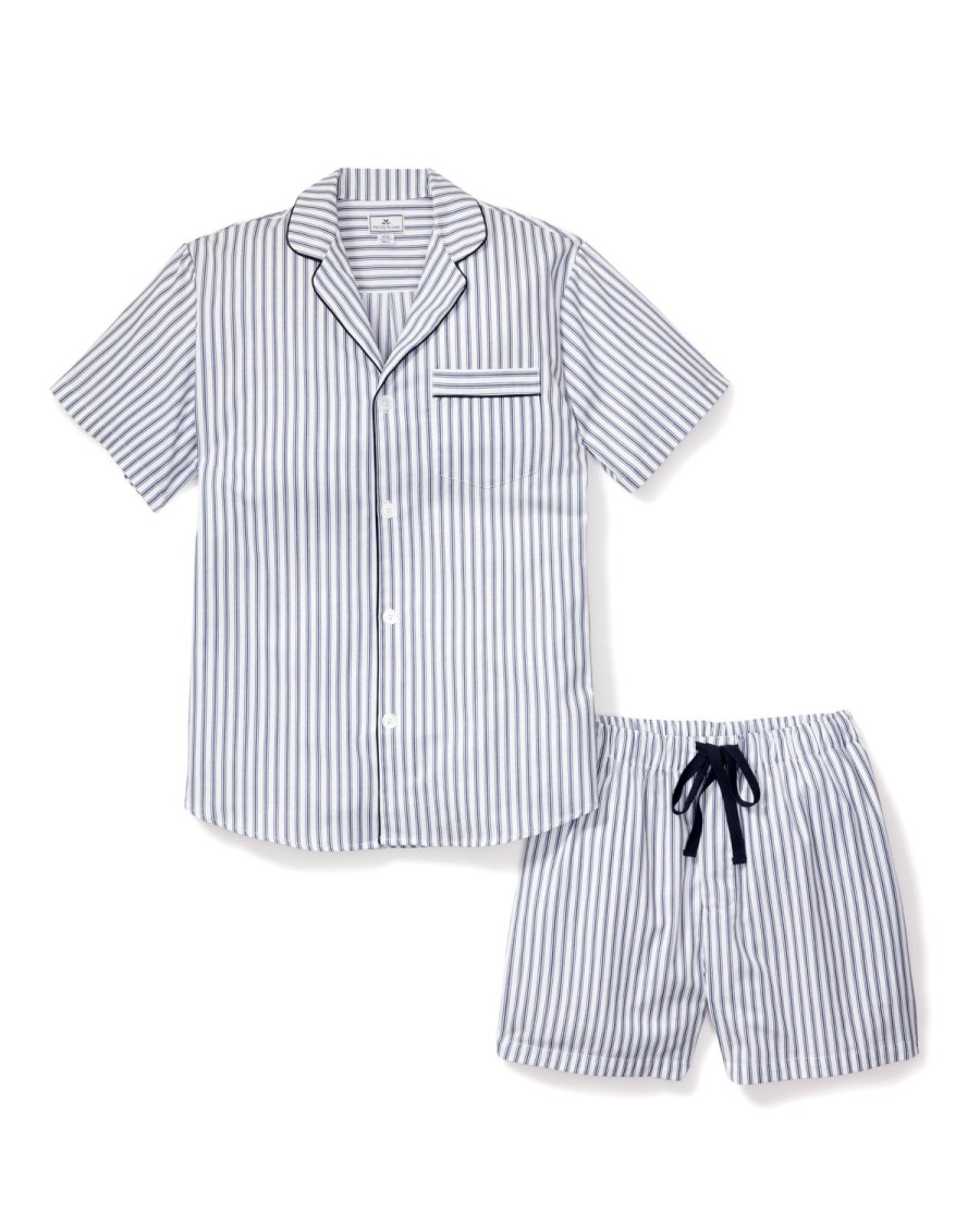 Men Petite Plume | Men'S Twill Pajama Short Set In Navy French Ticking