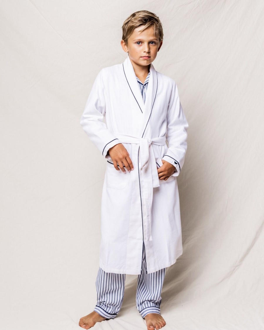 Kids Petite Plume Robes | Kid'S Flannel Robe In White With Navy Piping