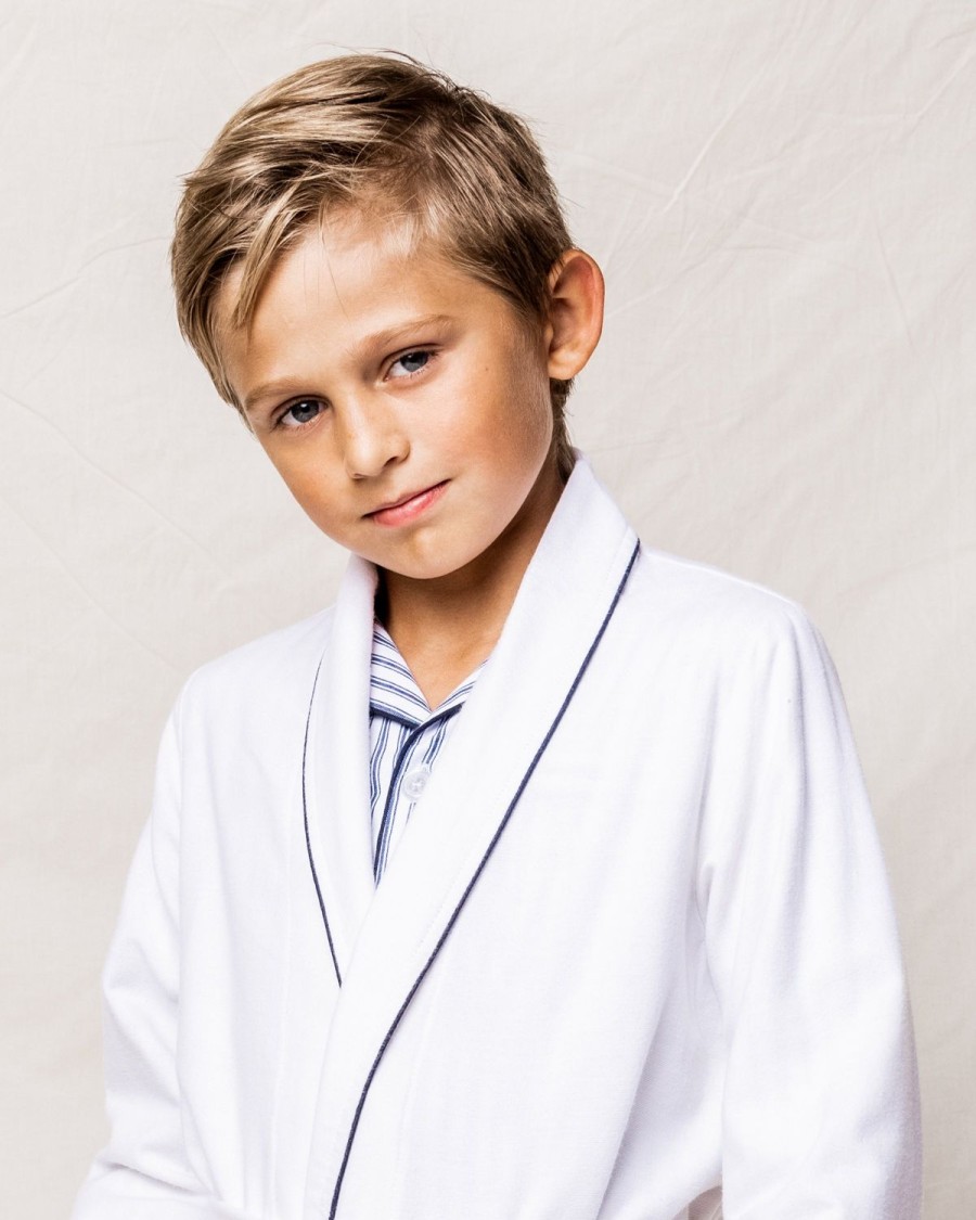 Kids Petite Plume Robes | Kid'S Flannel Robe In White With Navy Piping