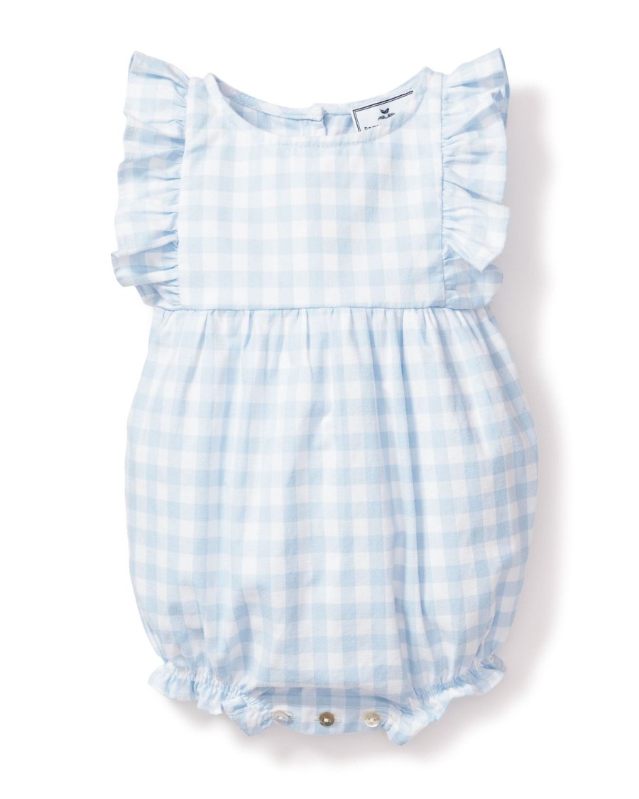 Kids Petite Plume Rompers | Baby'S Twill Ruffled Romper In Light Blue Gingham