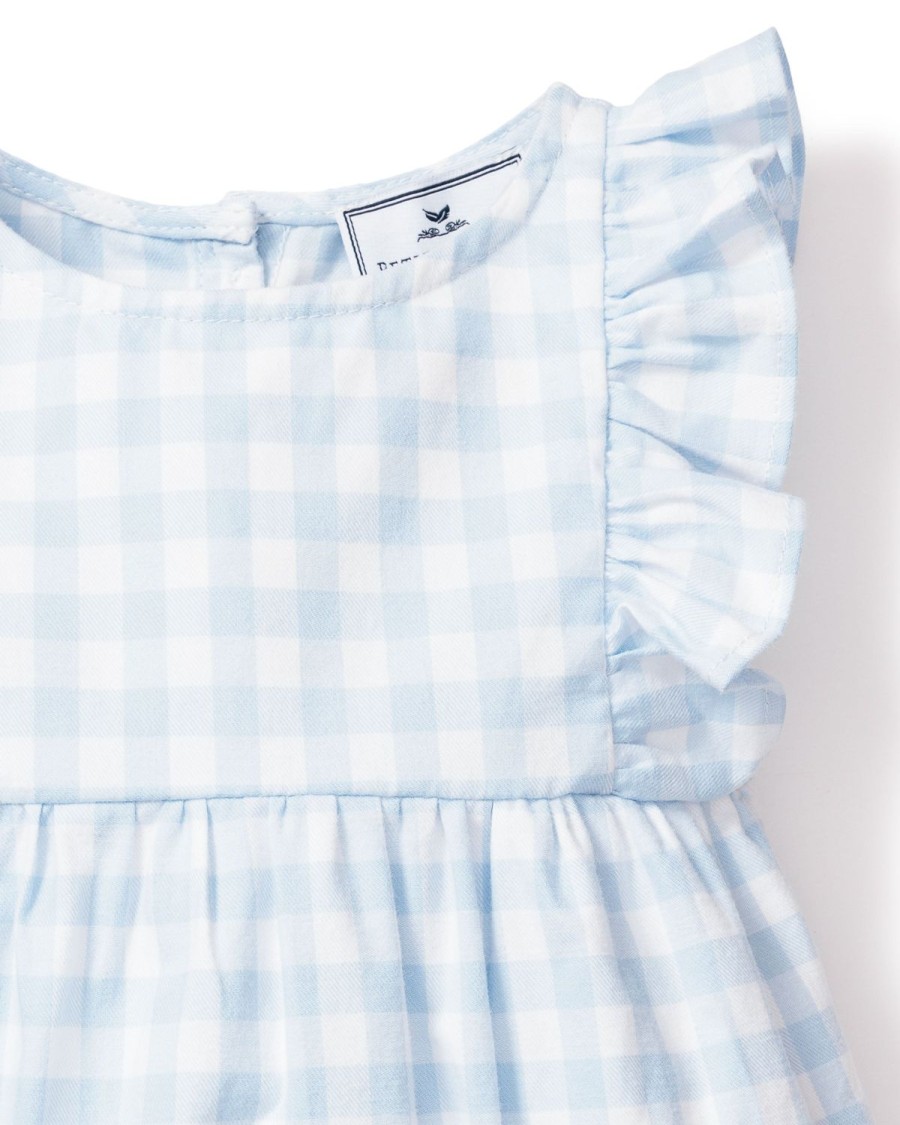 Kids Petite Plume Rompers | Baby'S Twill Ruffled Romper In Light Blue Gingham