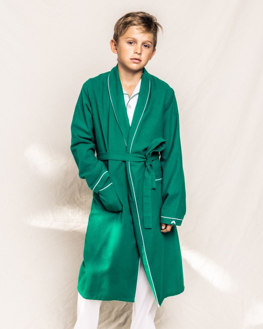 Kids Petite Plume Robes | Kid'S Flannel Robe In Forest Green With White Piping