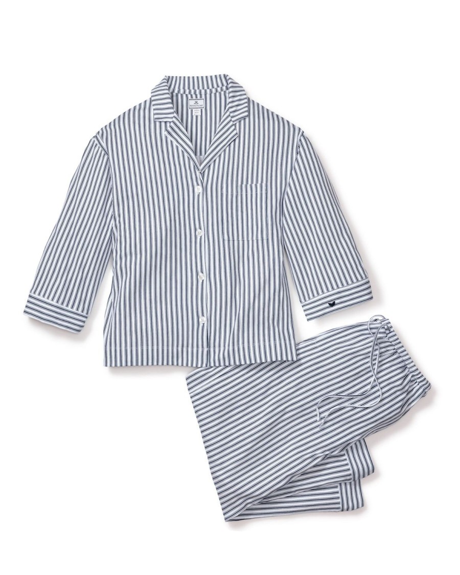 Women Petite Plume | Women'S Pima Wide Leg Pajama Set In Navy French Ticking