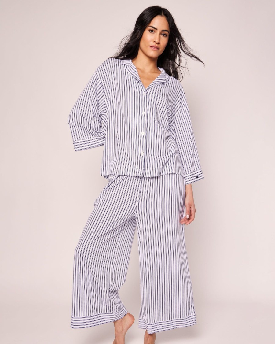 Women Petite Plume | Women'S Pima Wide Leg Pajama Set In Navy French Ticking