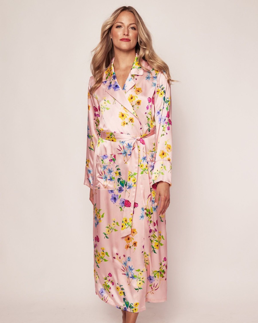 Women Petite Plume | Women'S Silk Robe In Blush Brilliant Botanical